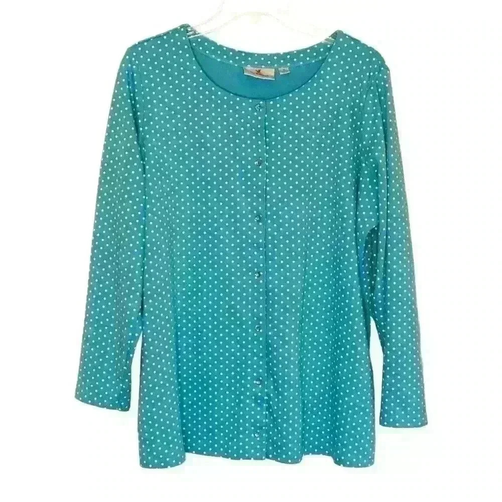 Quacker Factory Jeanne Bice Cardigan 1X Rhinestone Snaps dots blue